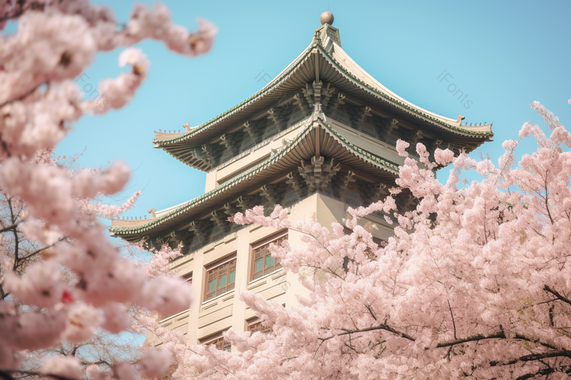 古建筑风景风光大气旅游风景区出游清晰的摄影图高清的图片古楼旁的粉色樱花,高清,摄影图,摄影图片,图片大全,摄影图免费下载